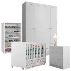Quarto De Bebê Completo Louise Com Sapateira Branco Brilho - AJL - AJL Móveis
