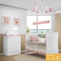 Quarto De Bebê Com Berço E Cômoda Doce Sonhos - Branco/Rosa - Qmovi