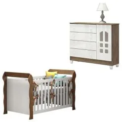 Berço Americano Lara E Cômoda Selena Branco Acetinado Amadeirado - Carolina - Carolina Baby