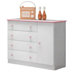 Cômoda Sapateira Infantil 1 Porta E 4 Gavetas Doce Sonho 2561 Branco Rosa Qmovi