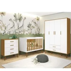 Quarto Para Bebê Com Guarda Roupa 4 Portas, Cômoda Gaveteiro E Berço Retro Branco Fosco/Savana - Reller