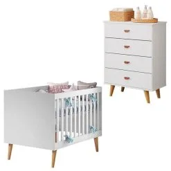 Berço Americano Ludmila Com Cômoda Gaveteiro Duda Branco Acetinado Bétula - Carolina - Carolina Baby