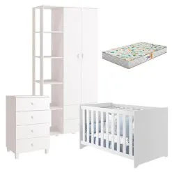 Quarto De Bebê Com Cômoda Infantil Sapateiro Gino E Berço Americano Mali Branco Acetinado Com Colchão Gazin Reller