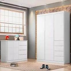 Quarto Bebe Completo Com Comoda 2 Portas E 4 Gavetas E Guarda Roupa 3 Portas Eloa Branco - Phoenix Baby