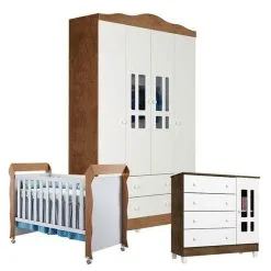 Quarto De Bebê Ariel 4 Portas Com Berço Mirelle Branco Acetinado Amadeirado Carolina - Carolina Baby