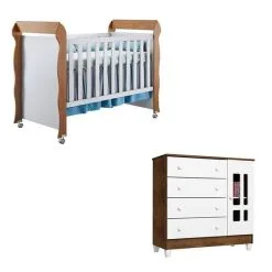 Berço Americano Mirelle E Cômoda Ariel Branco Acetinado Amadeirado - Carolina - Carolina Baby