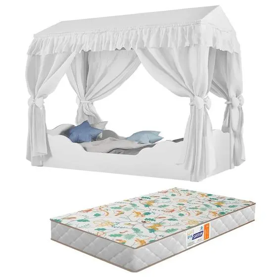 Mini Cama Montessoriana Colore Com Dossel Branco E Colchão - Estrela