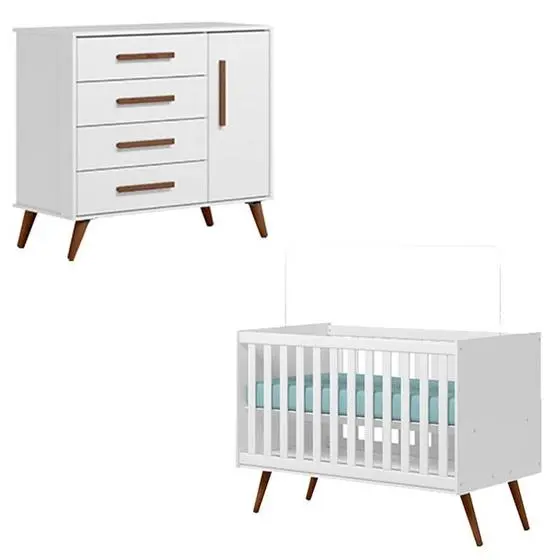 Berço Americano 3820 E Cômoda Infantil 3825 Q Encanto Retrô Branco Brilho - Qmovi